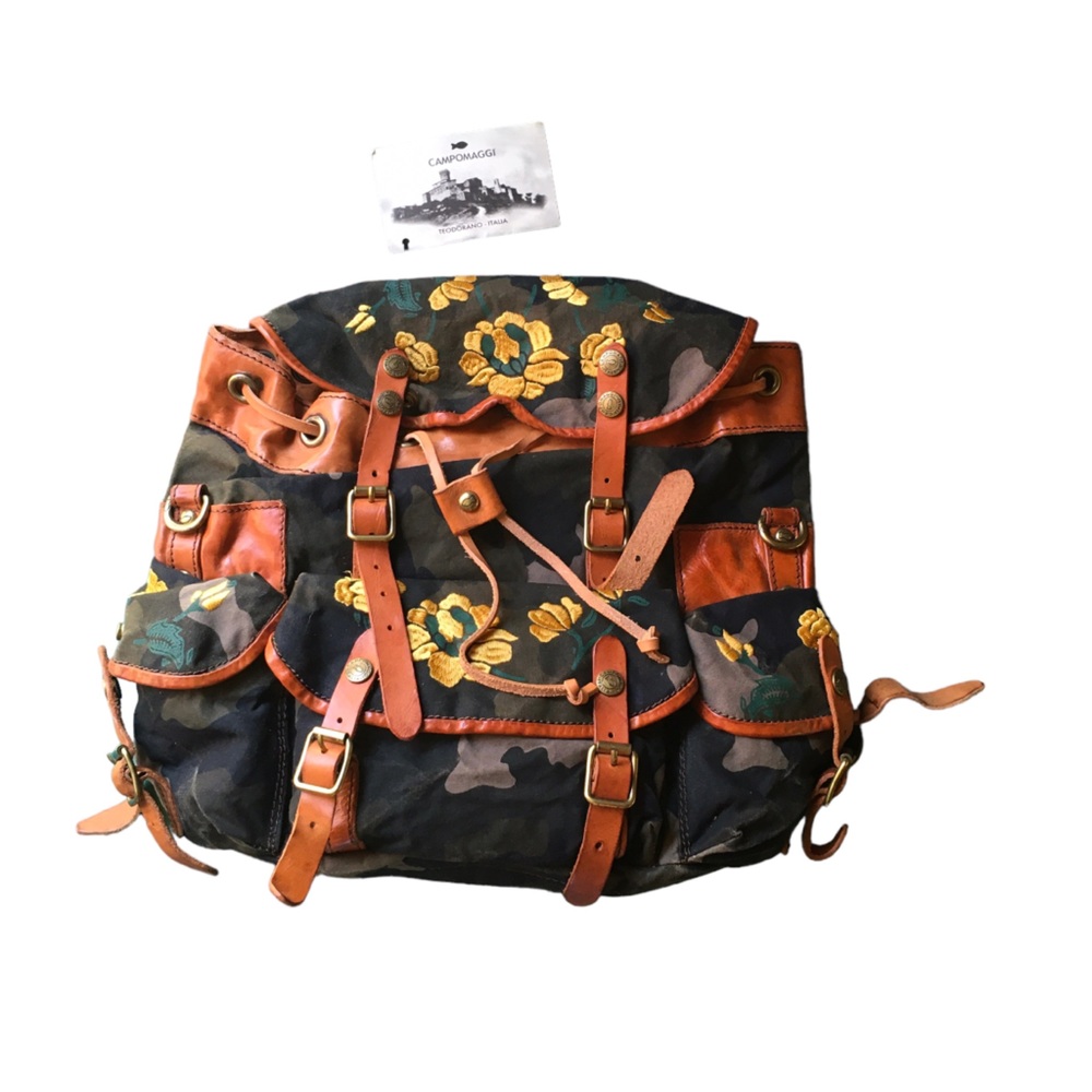 Campomaggi Italy Embroidered Camo Canvas and Leather Backpack